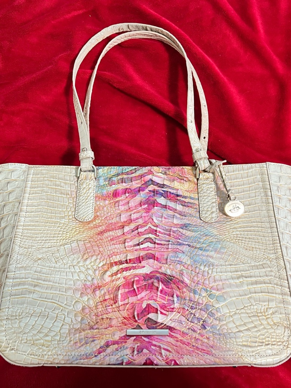 Brahmin Cream Shoulder Tote with Pink & Multicolor Watercolor Accent